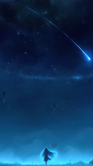 Girl watching a shooting star in a starry night sky
