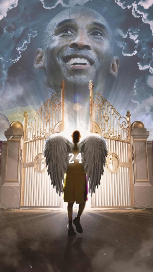 Kobe Bryant with angel wings at golden gates