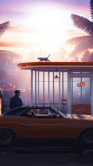Cat on a diner roof with a classic car