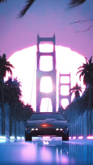 Retrowave car in front of Golden Gate Bridge at sunset