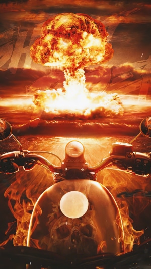 Ghost Rider on a motorcycle with a nuclear explosion