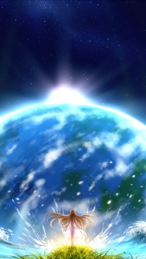 Girl facing the sunrise over Earth