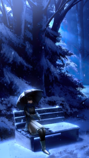 Anime girl with umbrella sitting on a bench in the snow