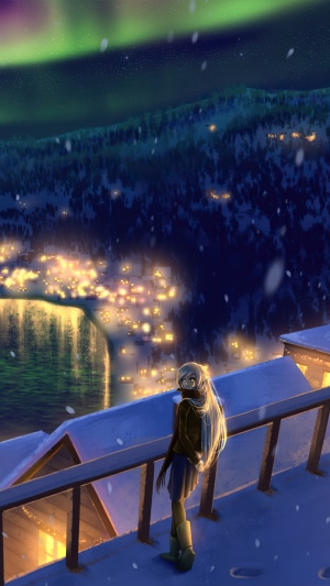 Anime girl watching aurora borealis over snowy town