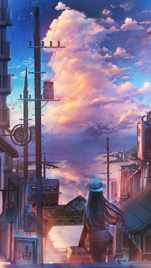 Anime girl with hat looking at city skyline at sunset