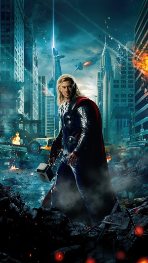 Thor from Avengers in a destroyed city