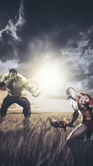 Hulk and Kratos in a field