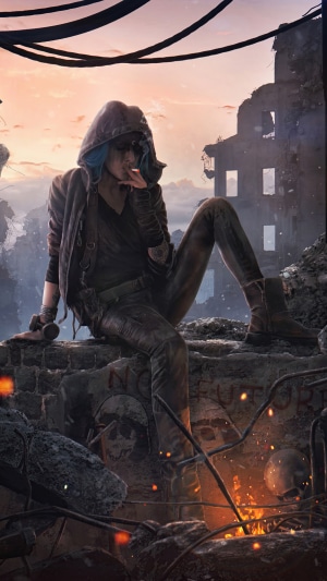 Girl with blue hair smoking in ruins