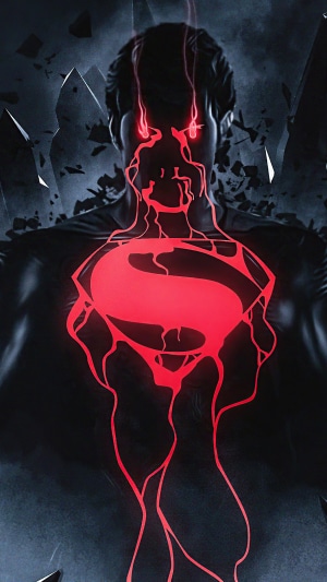 Superman with red glowing eyes and S-shield