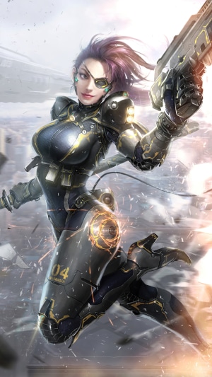 Sci-fi warrior with eyepatch and gun