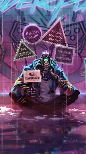 Robot protesting CAPTCHAS with signs