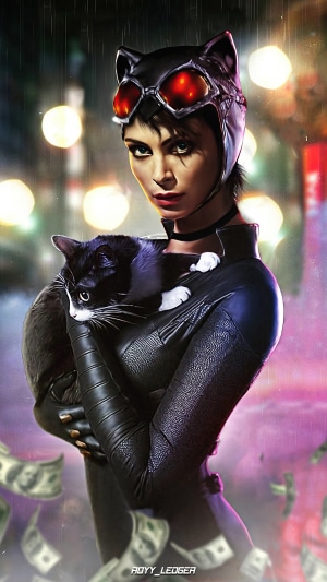 Catwoman holding a cat with money falling
