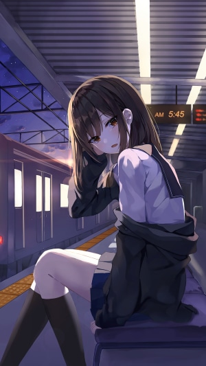 Anime girl at a train station at night