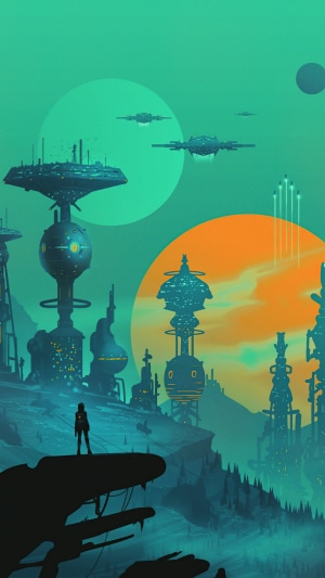 Sci-fi city with two moons and spaceships