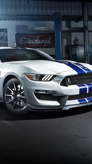 White Ford Mustang GT with blue stripes in garage