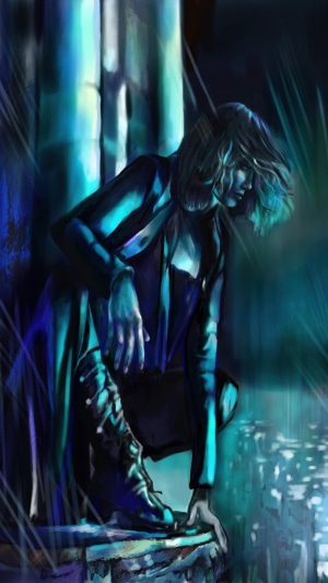 Digital Art of a Crouching Figure in Blue Light