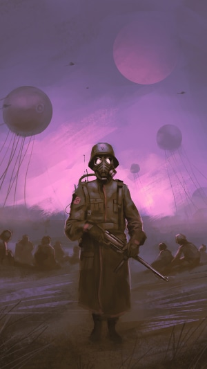 Soldier in gas mask with balloons in sky