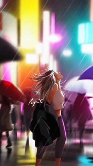 Artwork of a woman in the rain