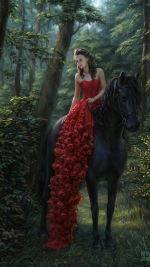 Woman in red dress on black horse in forest