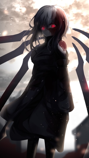 Anime girl with red eyes and black coat