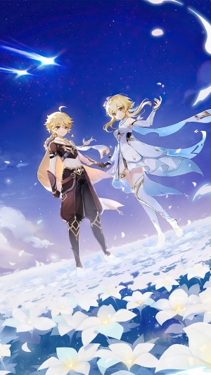 Aether and Lumine from Genshin Impact under starry sky