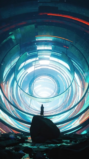 Figure standing on rock in futuristic tunnel