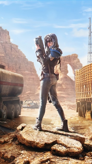Woman with gun in desert landscape 4K