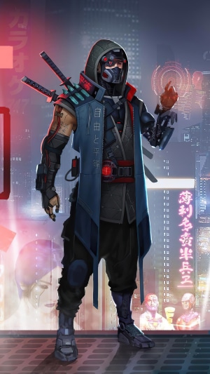 Cyberpunk ninja with swords and mask in a city