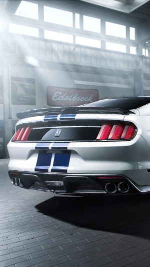 White Ford Mustang Shelby GT350 with Blue Stripes