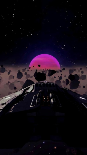 Elite Dangerous spaceship in asteroid field with pink planet