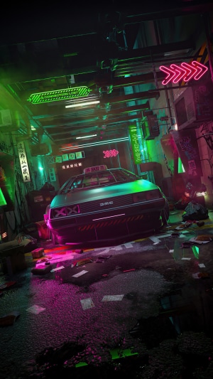 Cyberpunk DeLorean taxi in neon-lit alley