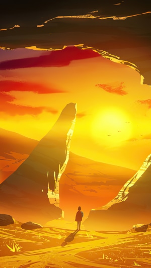 Digital art of a person in a desert landscape at sunset