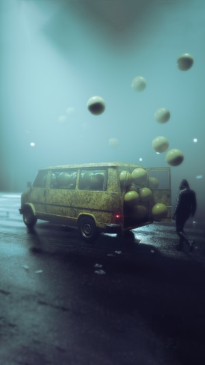 Yellow van filled with balloons and a person in fog