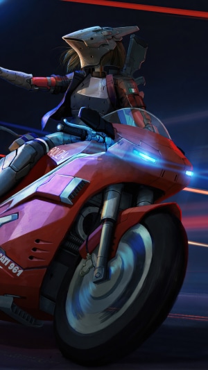 Cyborg biker on a red motorcycle