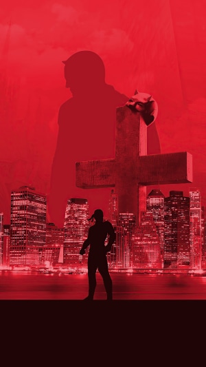 Daredevil silhouette in front of New York City skyline and cross