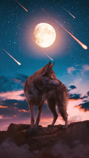 Wolf under a full moon with meteor shower