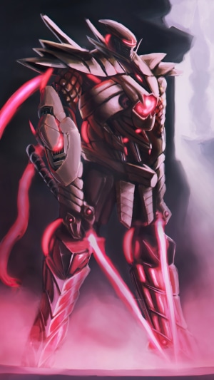 Digital art of a sci-fi robot with red energy