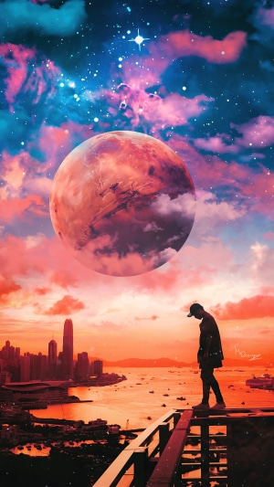 Man on a rooftop overlooking a city with a planet in the sky