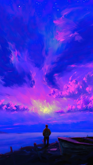 Man and child on shore with colorful sky