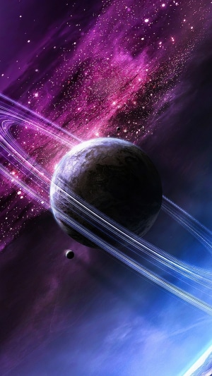 Planet with rings in a colorful nebula