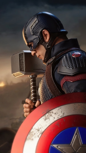 Captain America from Marvel Holding Mjolnir in 4K