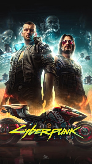 Cyberpunk 2077 characters and motorcycle