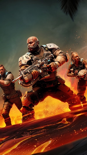 Gears 5 characters in a fiery landscape