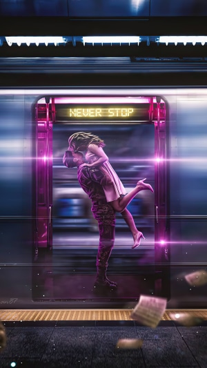 Couple kissing on a train platform with 'Never Stop' sign