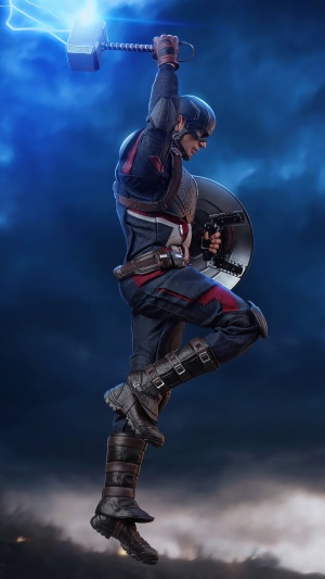 Captain America from Marvel wielding Mjolnir with lightning