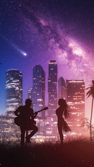 Couple with guitar under starry sky and city skyline