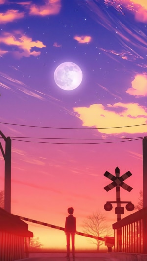 Anime boy at railroad crossing under a full moon