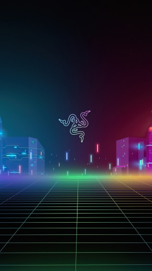 Razer logo in abstract neon cityscape 4K