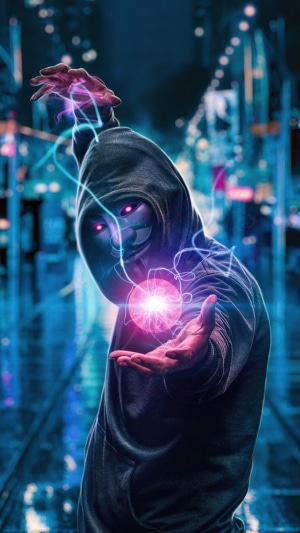 Anonymous hacker with glowing eyes and energy ball