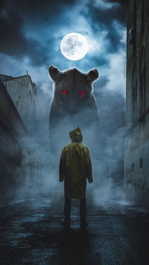 Giant Lion with Red Eyes and Person in Alley
